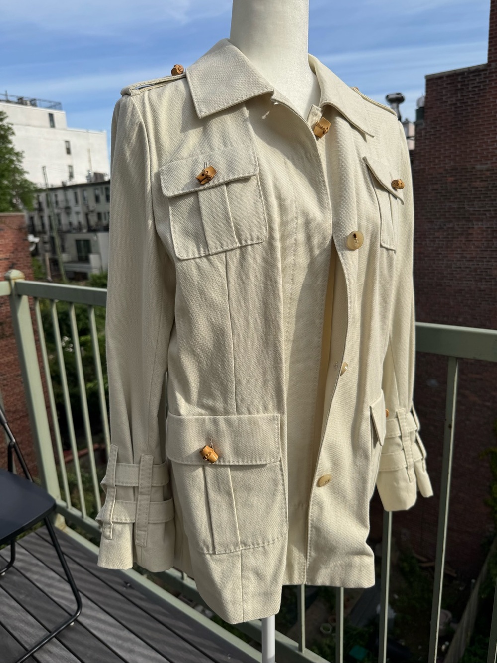 Cole Haan Women's Beige Utility Safari Jacket with bamboo carved buttons.